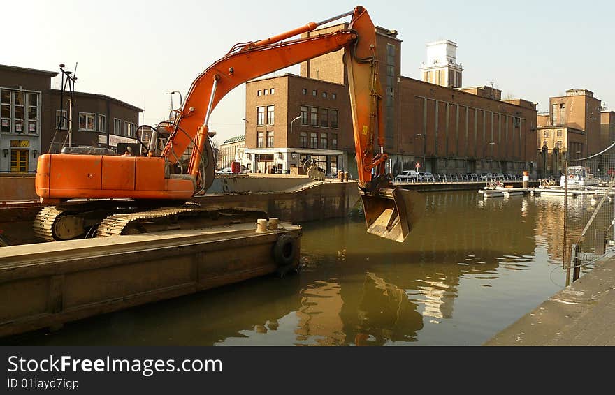 Crane Working From A Boat At Vaart Leuven