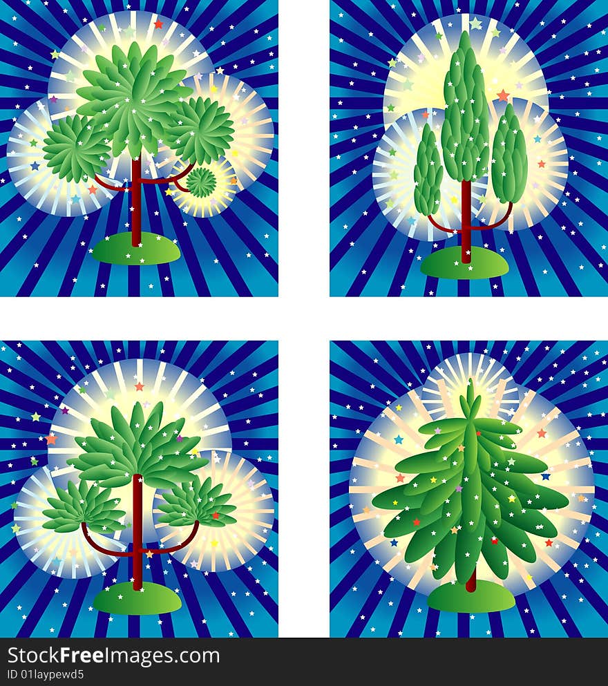 Four icons with the image of magic trees. Four icons with the image of magic trees