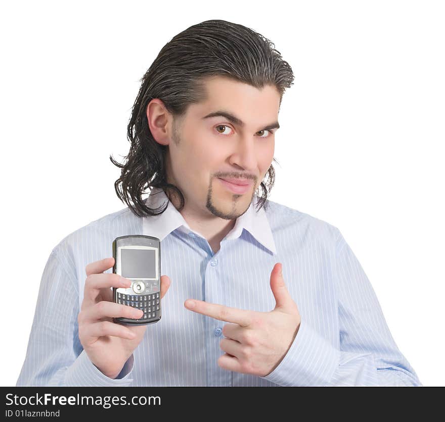 Young man pointing at his phone isolated white