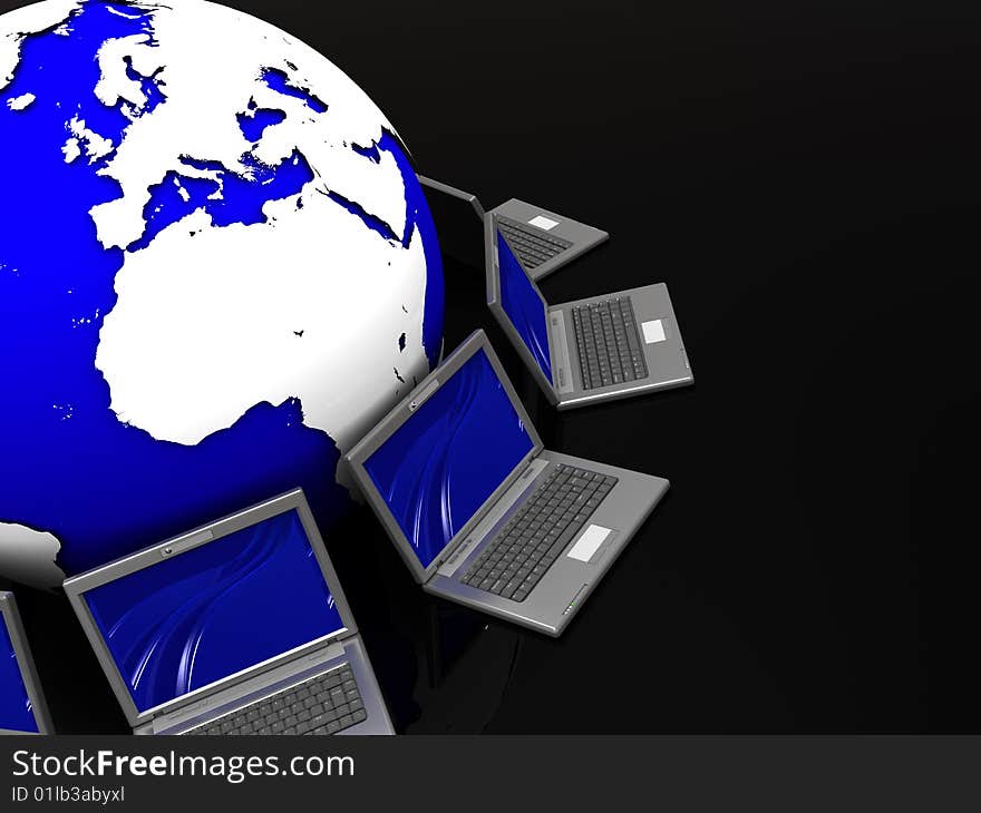 Abstract 3d illustration of laptops network over black background