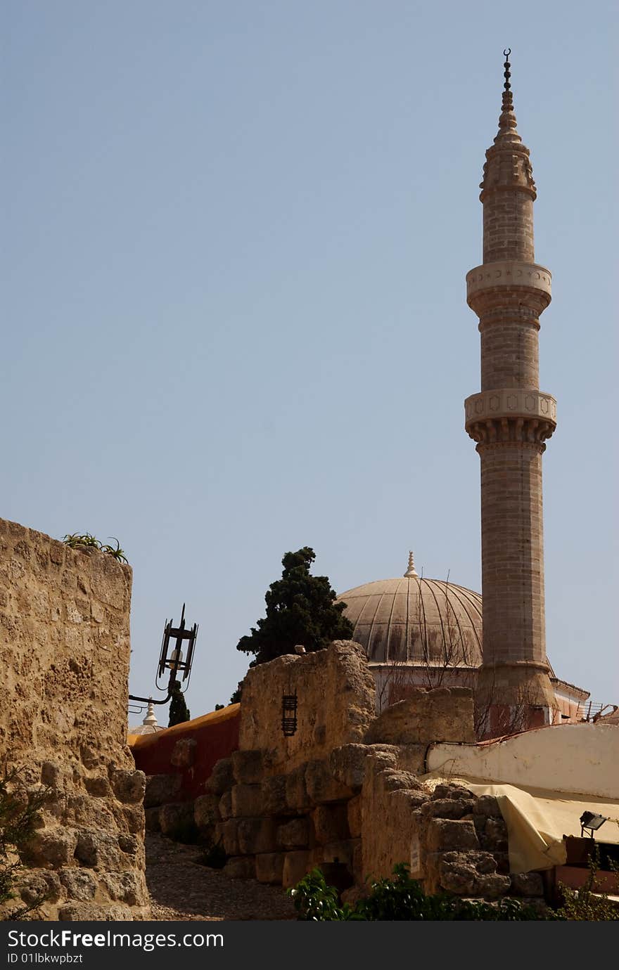 A mosque and minaret, in the heart of the old city, Rhodes, Greece