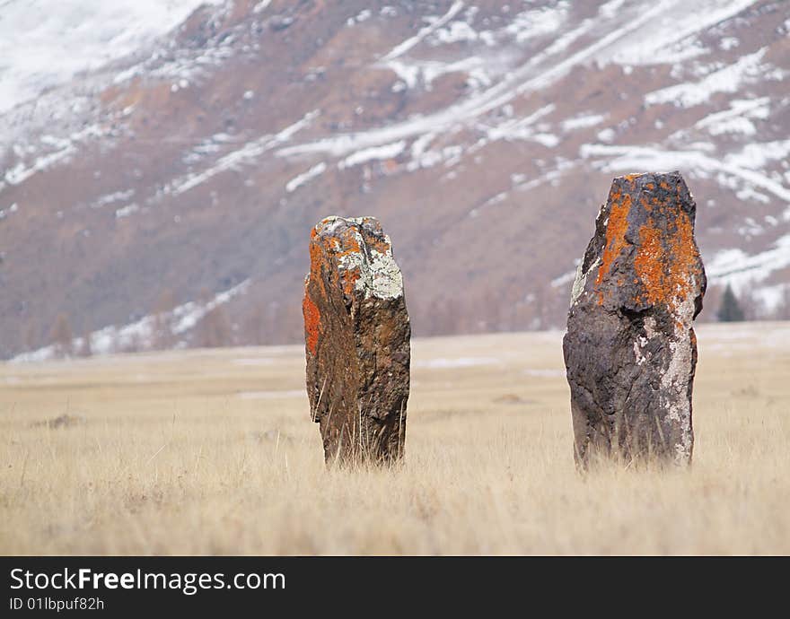 Two ancient menhirs in Altai mountains, Asia