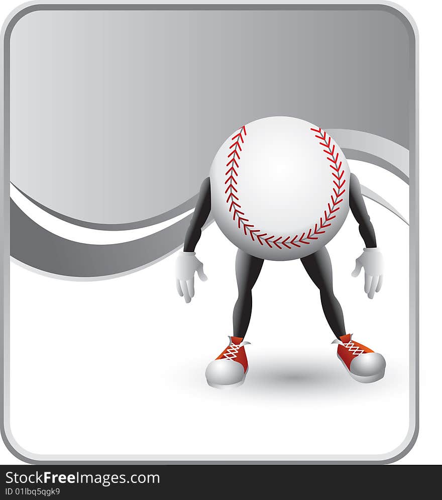 Cartoon character of a baseball with a silver background. Cartoon character of a baseball with a silver background