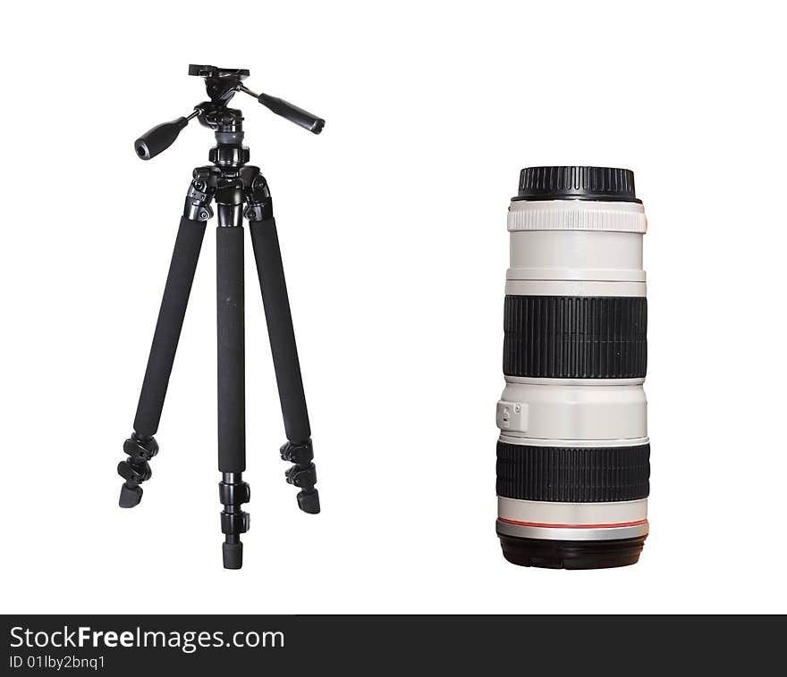 Tripod and objective under the white background