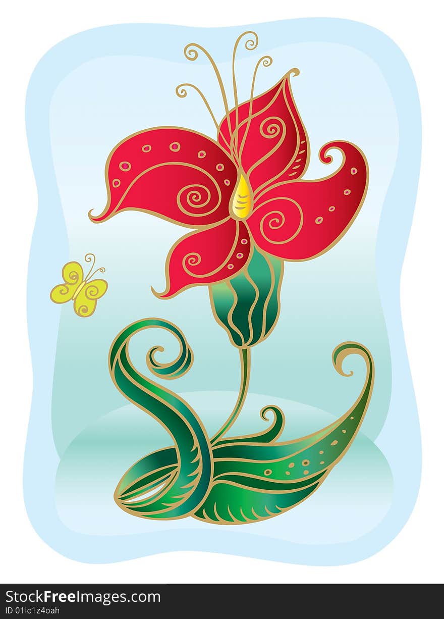 Vector illustration of a decorative red flower and a small butterfly