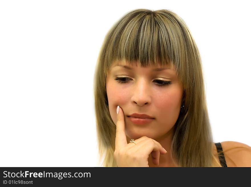 Portrait of thinking girl isolated on white background