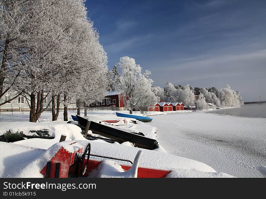 Very cold day, view over a river in Finland