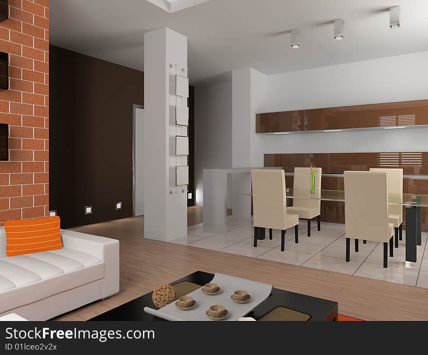 Modern interior of dining room 3D