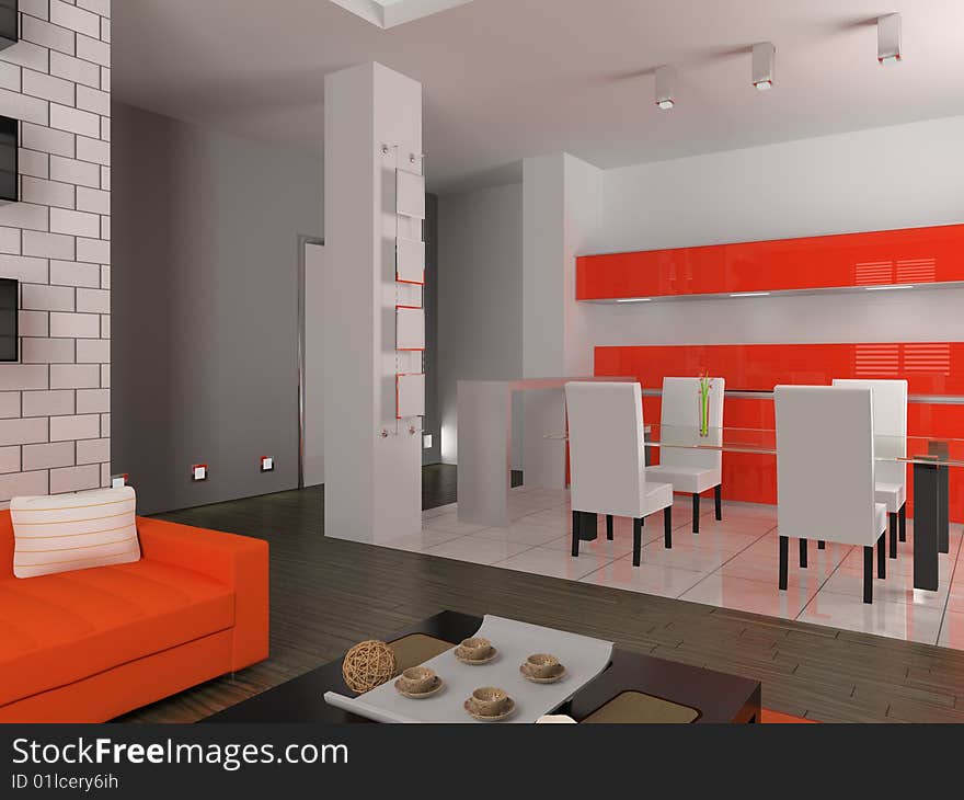 Modern interior of dining room 3D