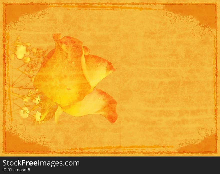 Grunge rose with yellow background and floral swirls. Copy space.