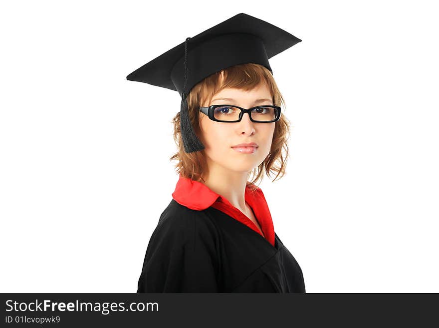 Portrait of a young woman in an academic gown. Educational theme. Portrait of a young woman in an academic gown. Educational theme.