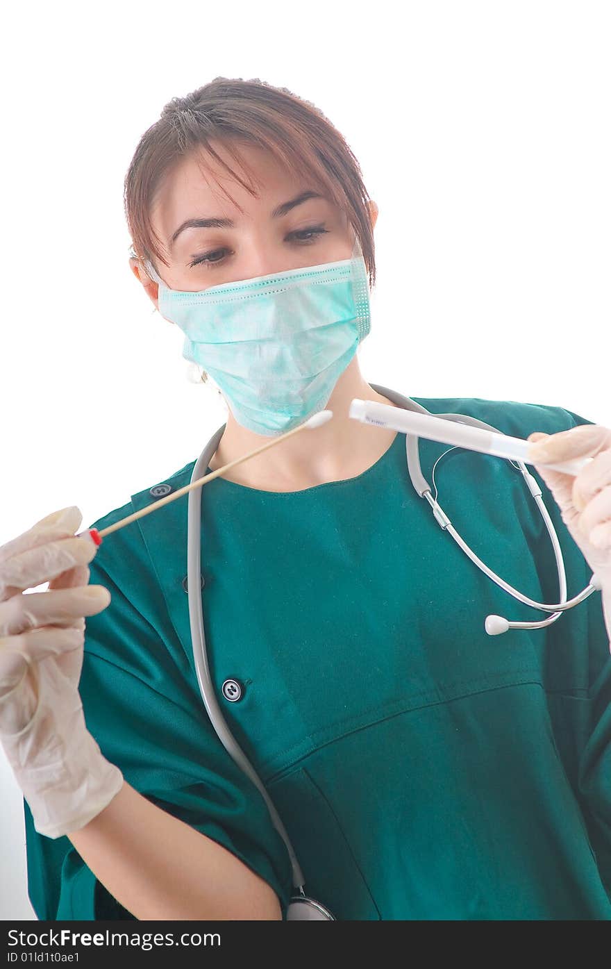 Female doctor taking bio samples using a medical sterile tube. Female doctor taking bio samples using a medical sterile tube