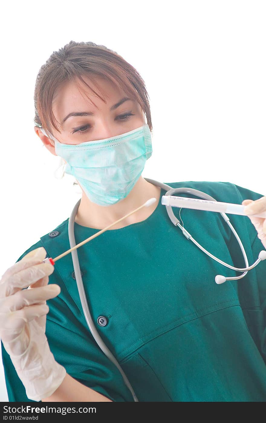 Female doctor taking bio samples using a medical sterile tube. Female doctor taking bio samples using a medical sterile tube