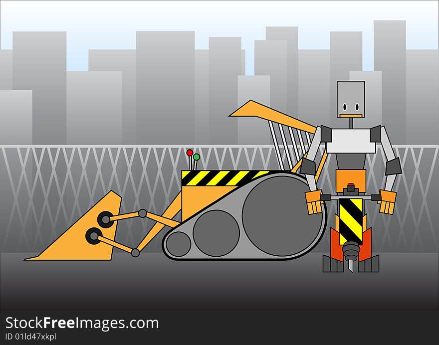 Vector illustration of under construction design, includes the worker and bulldozer.