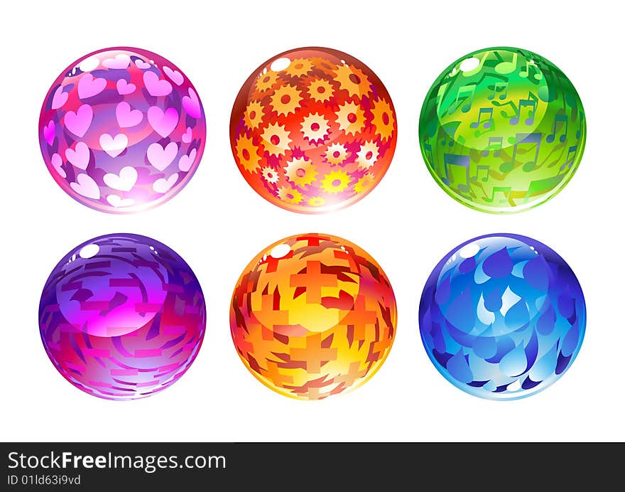 Vector illustration of the beautiful balls set decorated with different objects.