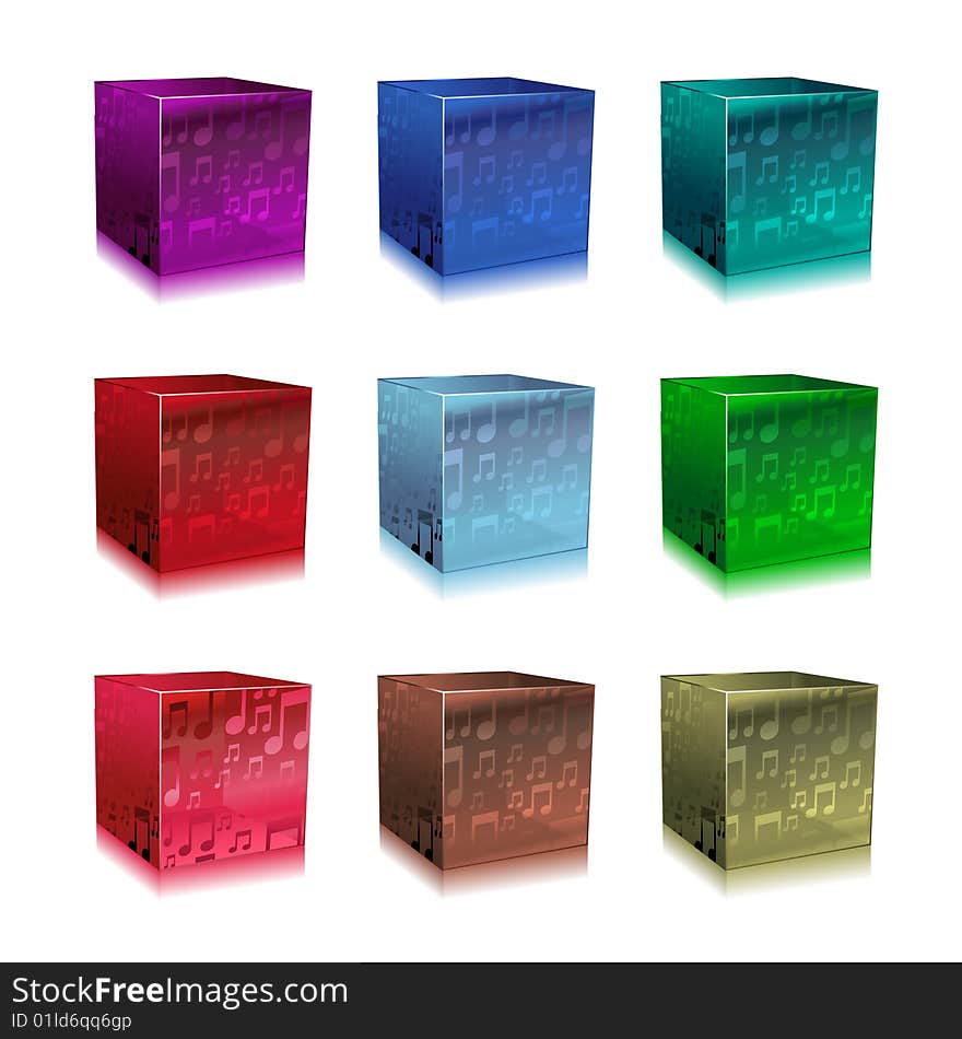 Vector Illustration of modern glass cubes in different colors, decorated with music notes.