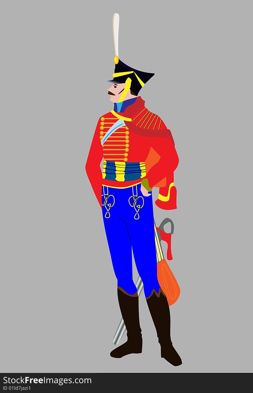 One hussar in uniform. Vector. Without mesh.