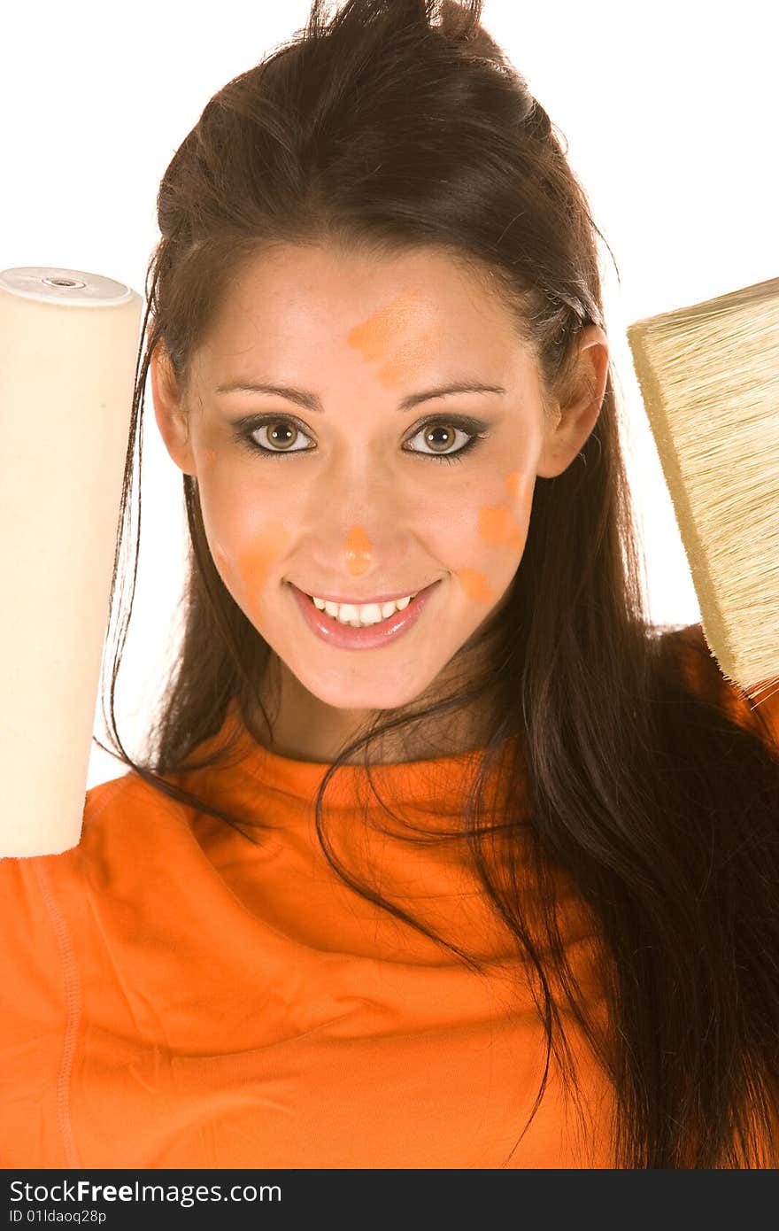 Young woman holding brush isolated on white