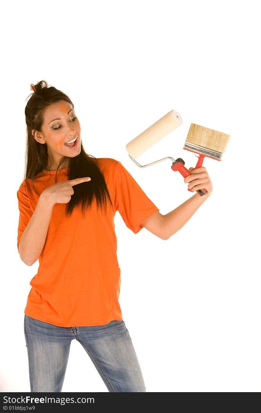 Young woman holding brush isolated on white