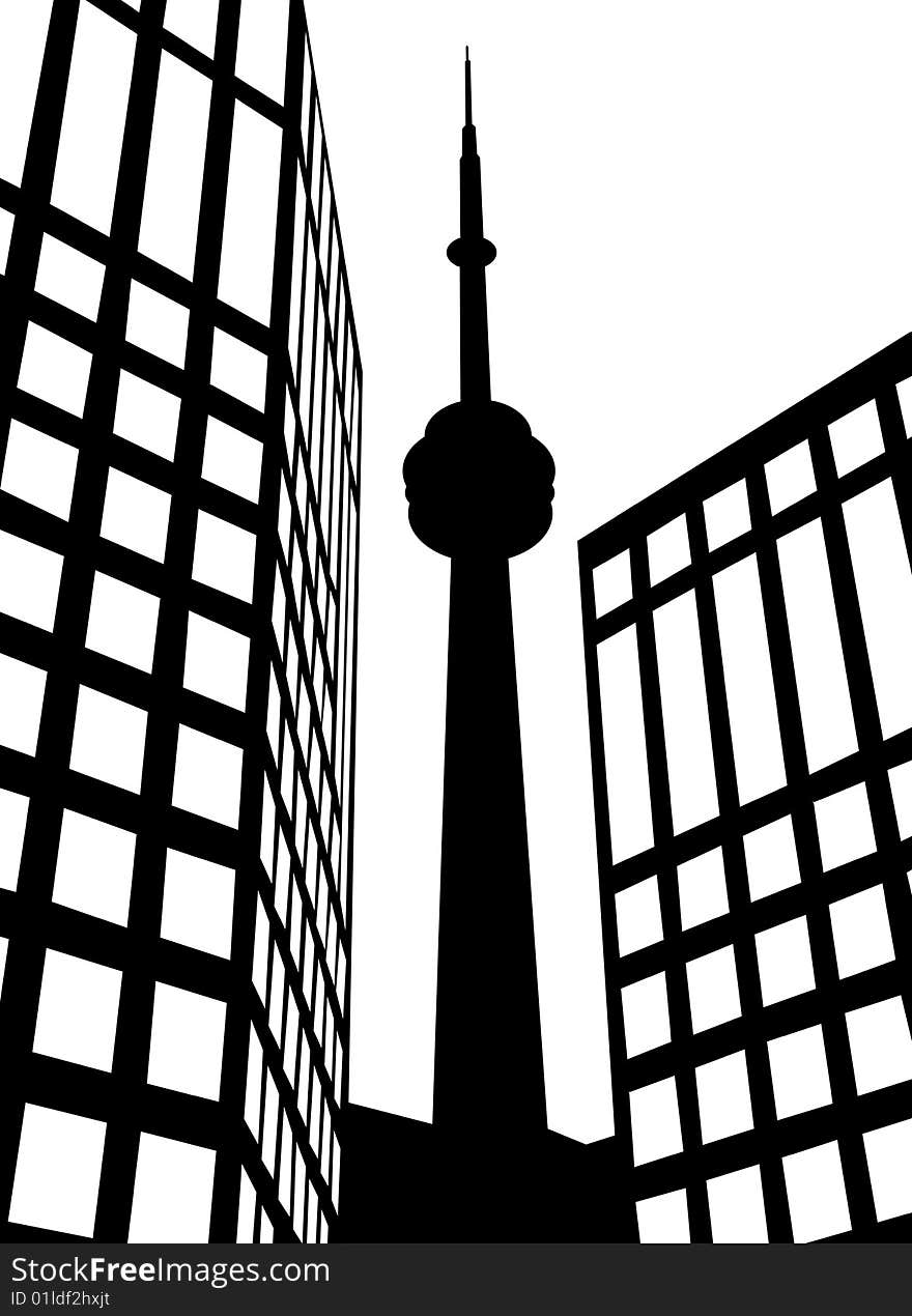 Silhouette of tower between two buildings. Silhouette of tower between two buildings