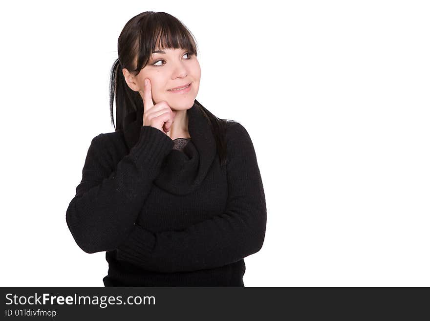 Happy brunette casual woman over white background