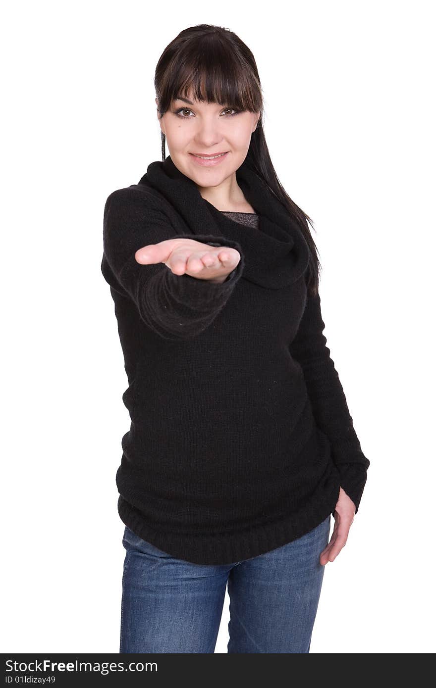 Happy brunette casual woman over white background