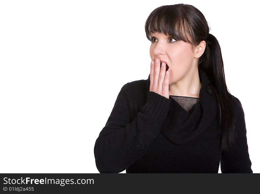 Happy brunette casual woman over white background