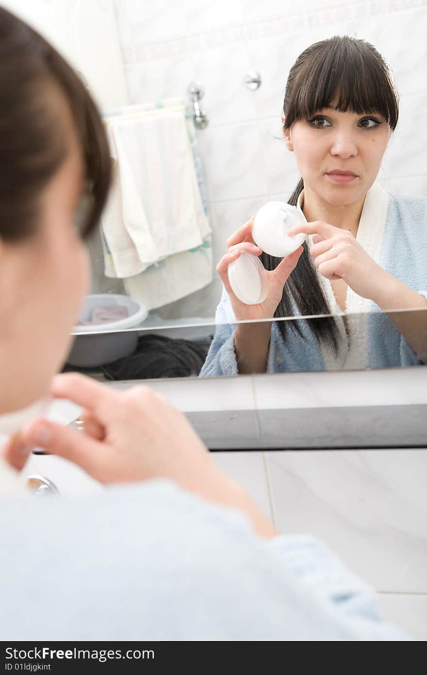 Happy brunette woman in bathroom. Happy brunette woman in bathroom