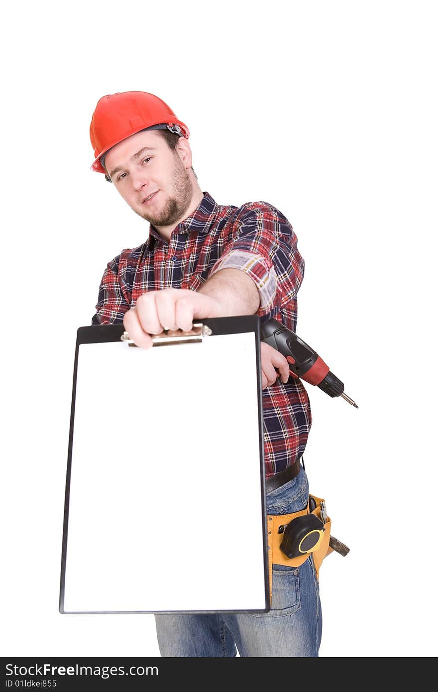 Worker with tools. over white background