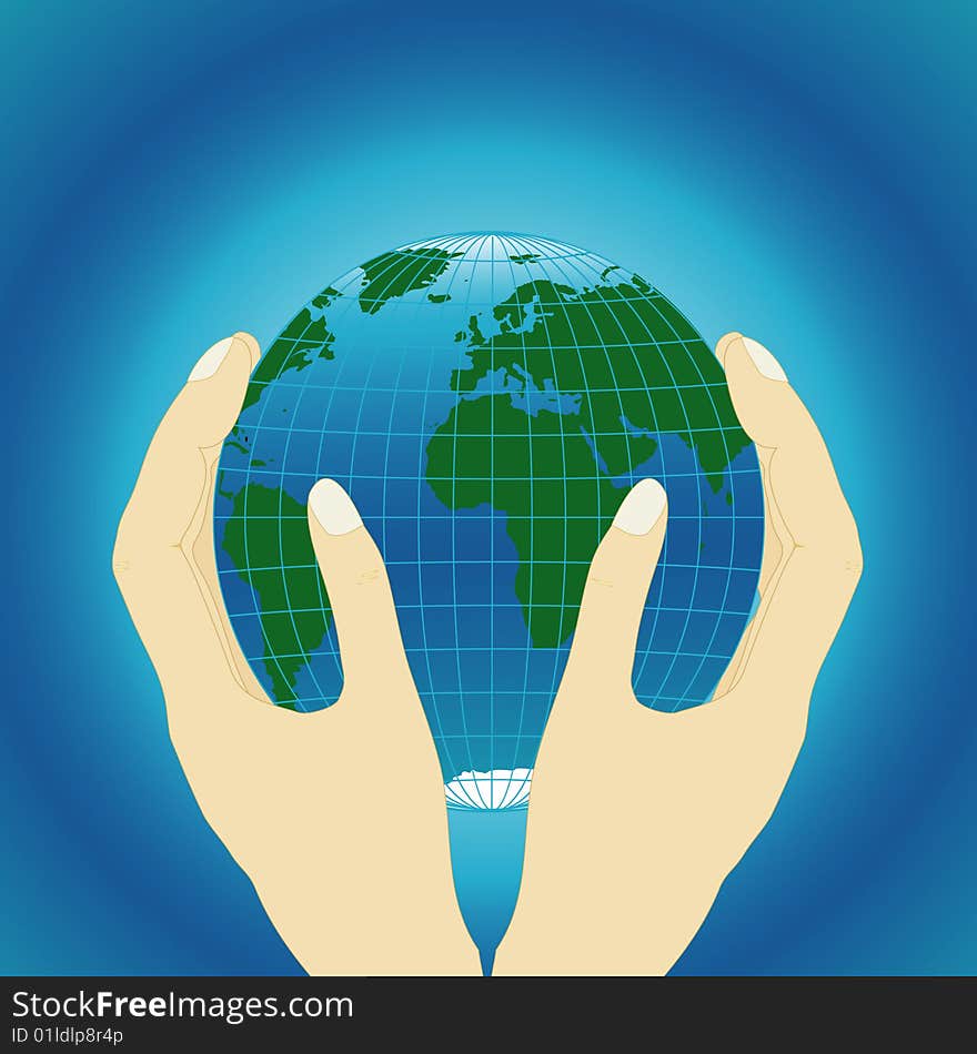 Vector illustration with hands and globe on blue