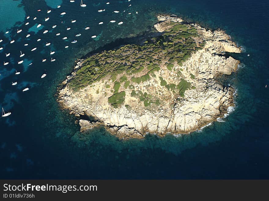 View from the air to an island in Mediterranean sea. View from the air to an island in Mediterranean sea