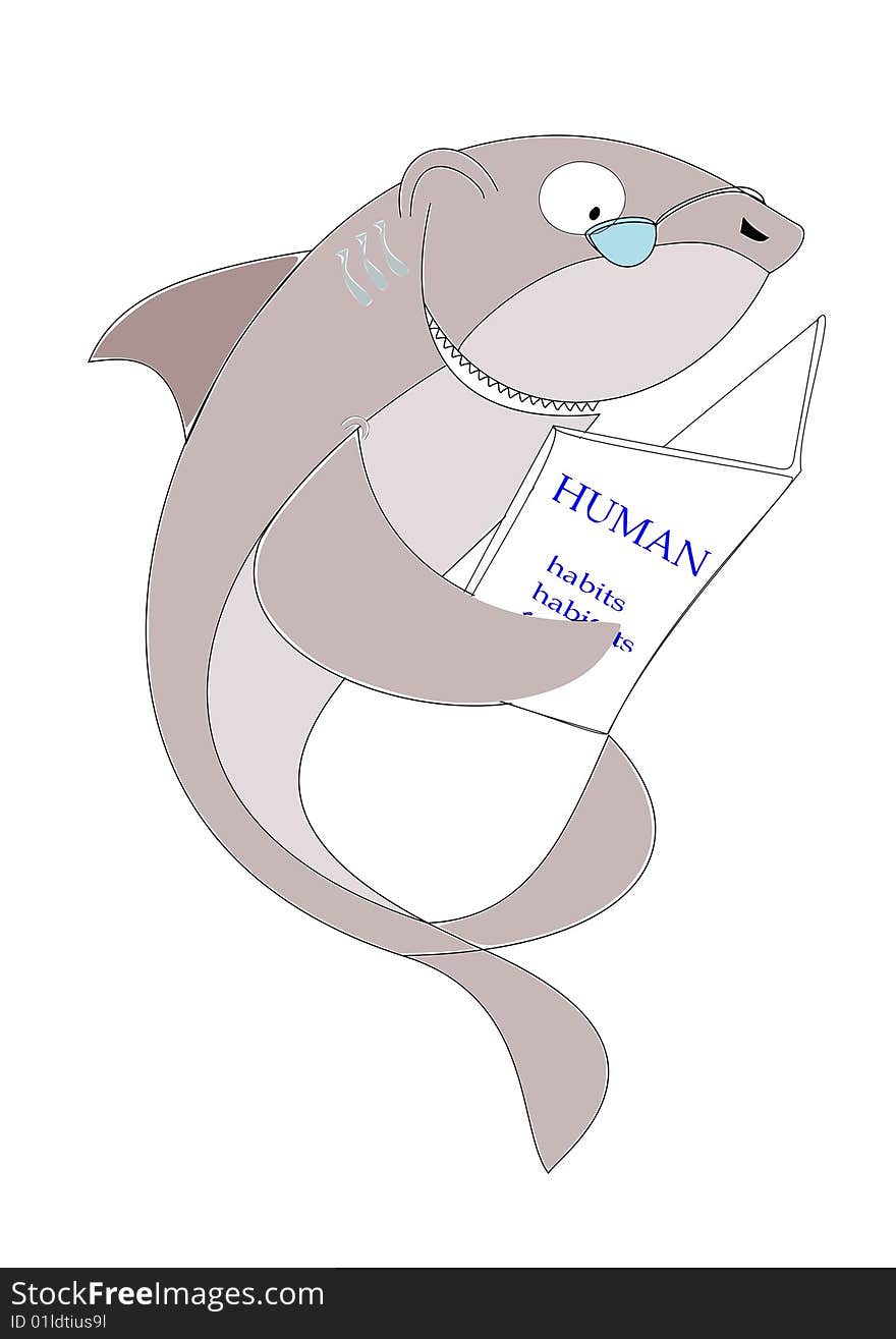 Drawing fantasy depicting a shark that reads a book