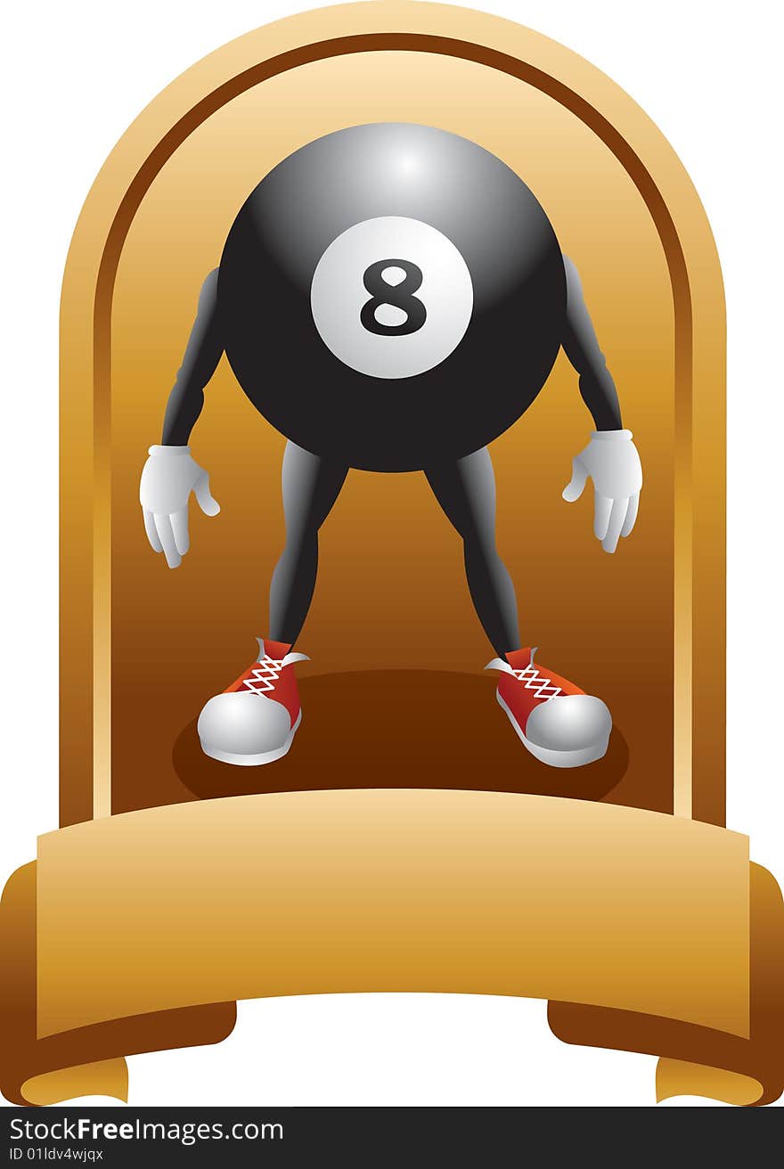 Eight ball cartoon character standing in a trophy background. Eight ball cartoon character standing in a trophy background