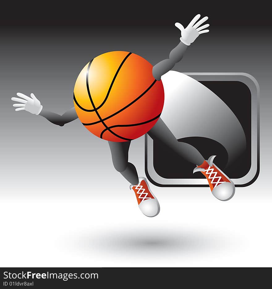 Basketball cartoon character flying out of a silver frame. Basketball cartoon character flying out of a silver frame