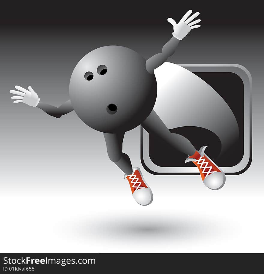 Cartoon character of a bowling ball flying out of a silver frame. Cartoon character of a bowling ball flying out of a silver frame