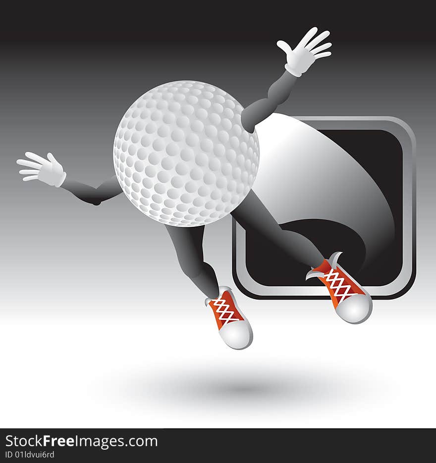Cartoon character of a golf ball flying out of a silver frame. Cartoon character of a golf ball flying out of a silver frame