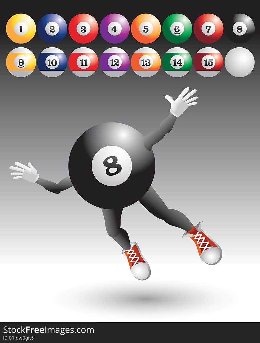 Eight ball cartoon character flying underneath billiard balls. Eight ball cartoon character flying underneath billiard balls