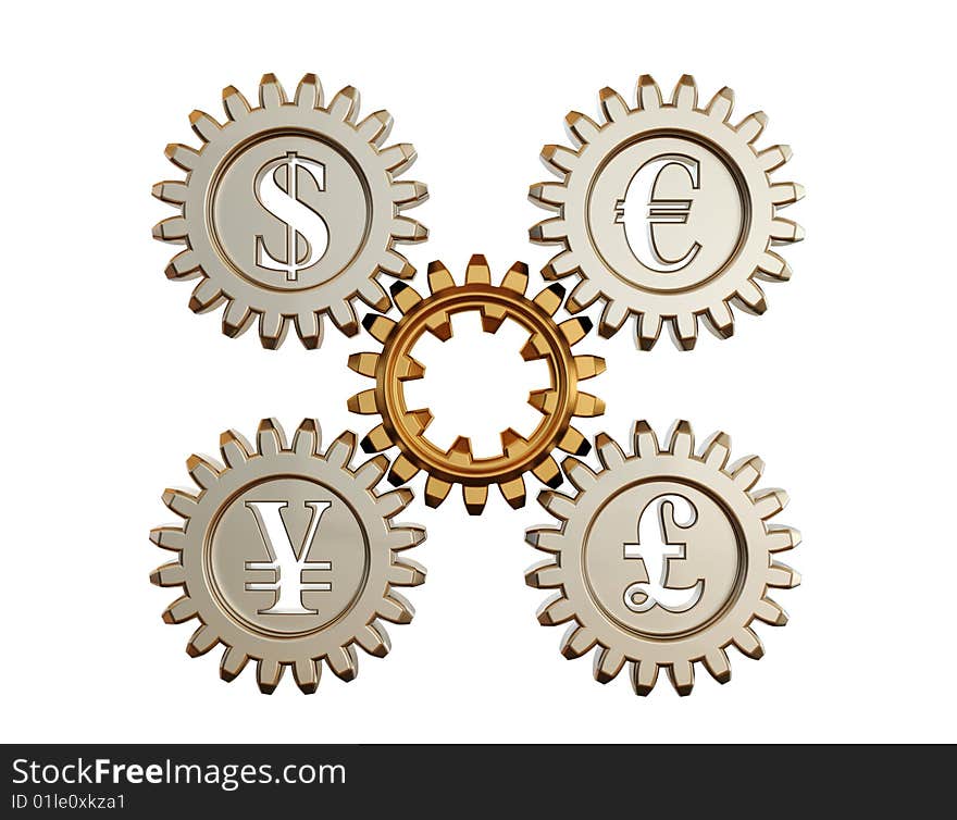 3d model a gear wheel with the image of currency symbols. The financial concept. It is isolated on a white background. 3d model a gear wheel with the image of currency symbols. The financial concept. It is isolated on a white background