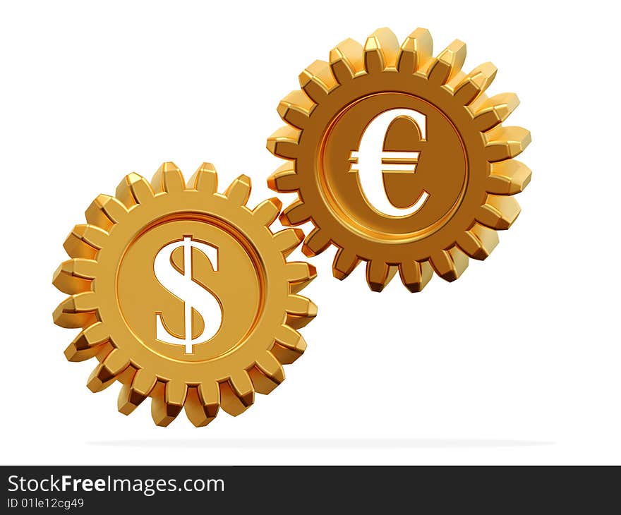 3d model a gear wheel with the image of currency symbols. The financial concept. It is isolated on a white background. 3d model a gear wheel with the image of currency symbols. The financial concept. It is isolated on a white background