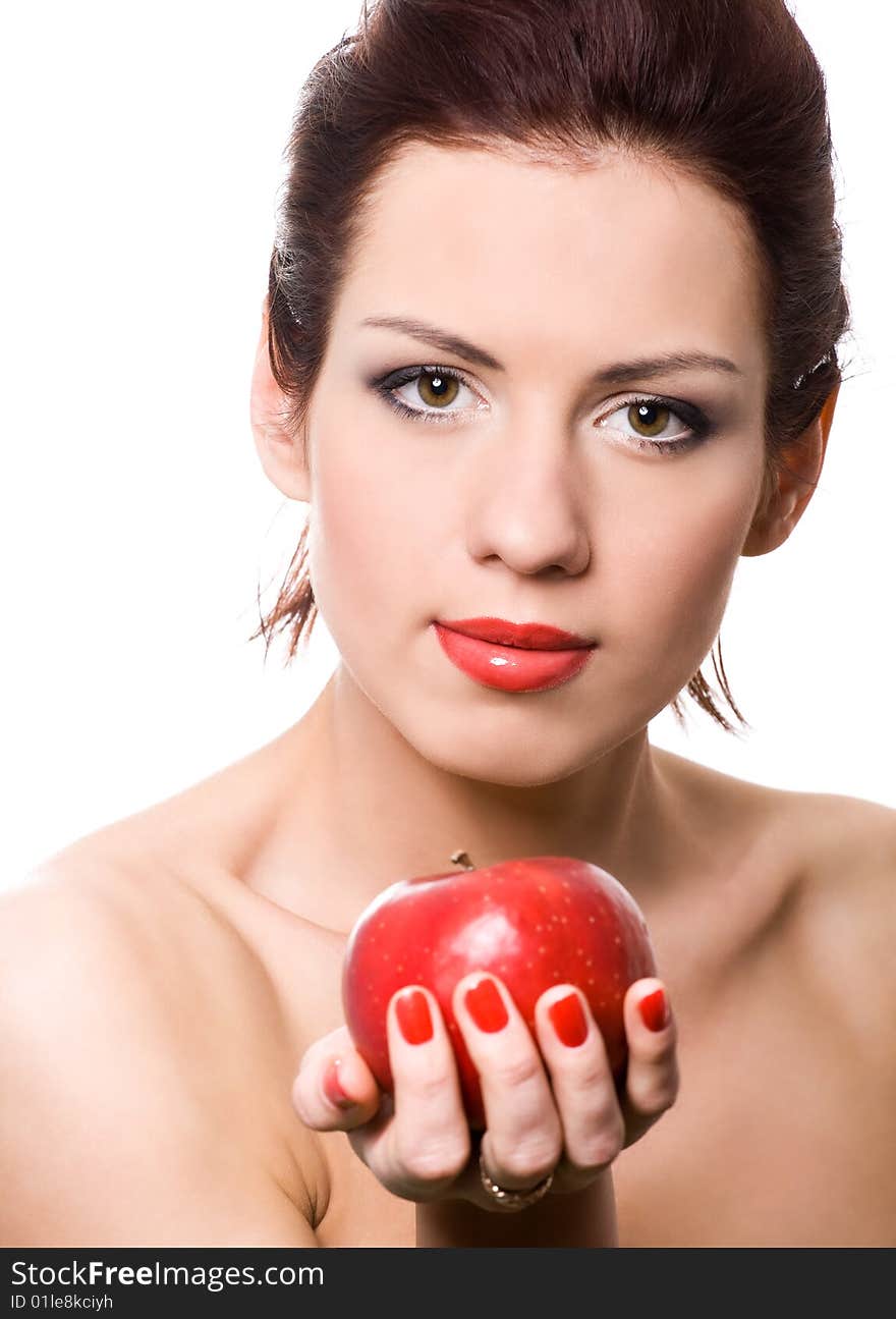 Closeup portrait of girl with red apple over white. Closeup portrait of girl with red apple over white