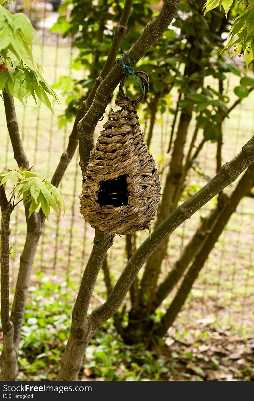 Cute little bird house hanging in yard. Cute little bird house hanging in yard