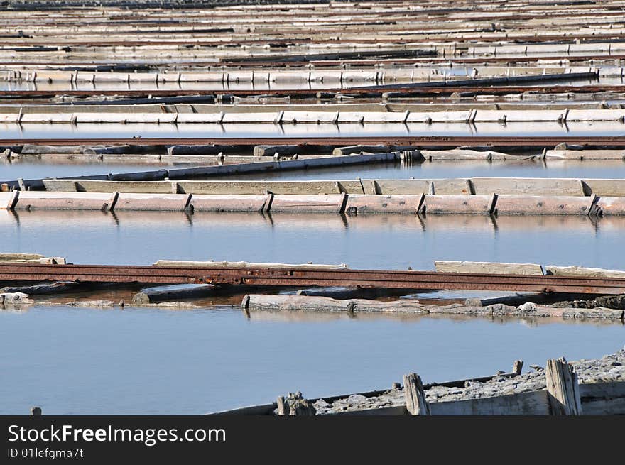 Railways on water in the park where they producing natural salt