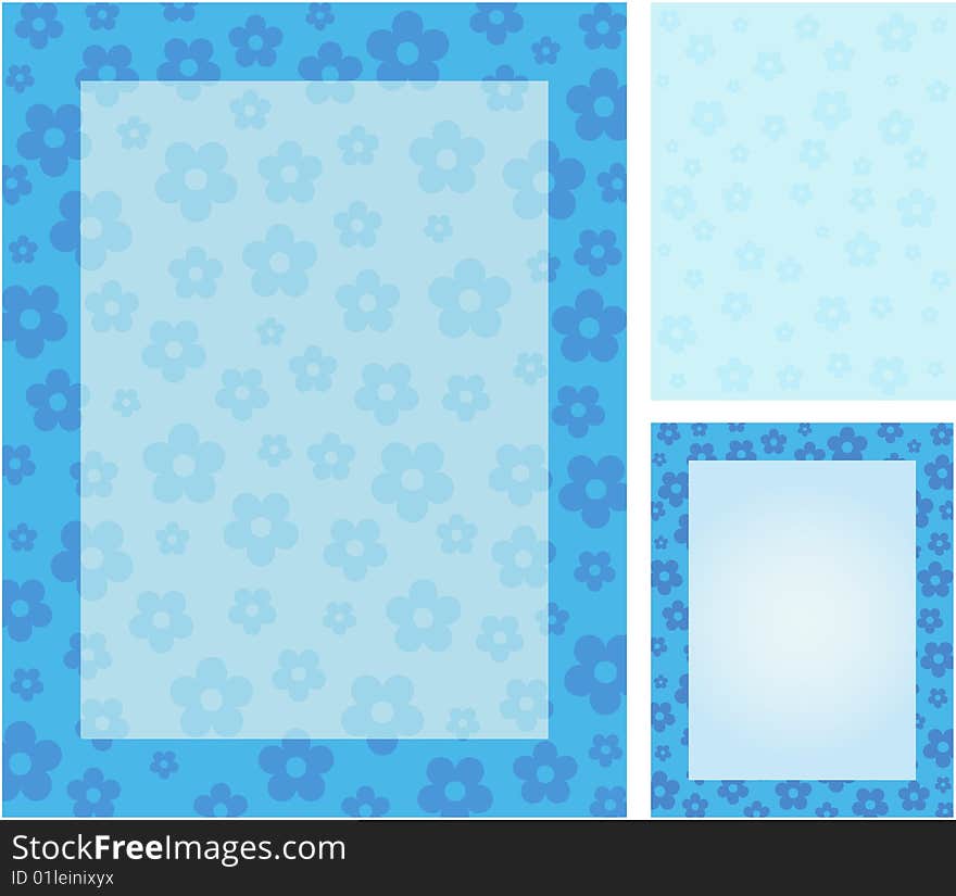 A blue spring flower background. The variations include a flowered border with a plain center, a flowered border with a flowered center and flowers without a border. This design is available in JPG and EPS 8 format.