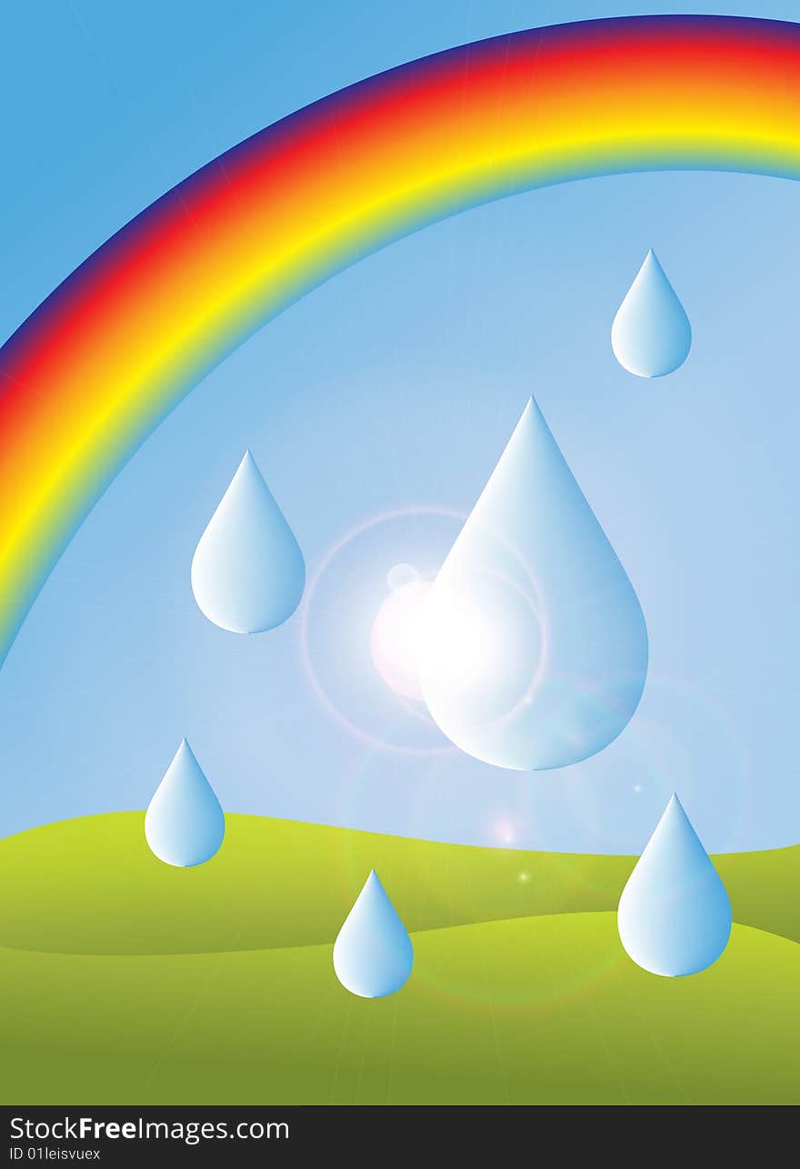 Illustrated card with rainbow and drops