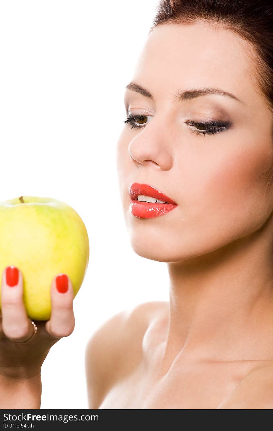 Closeup portrait of girl with apple over white. Closeup portrait of girl with apple over white