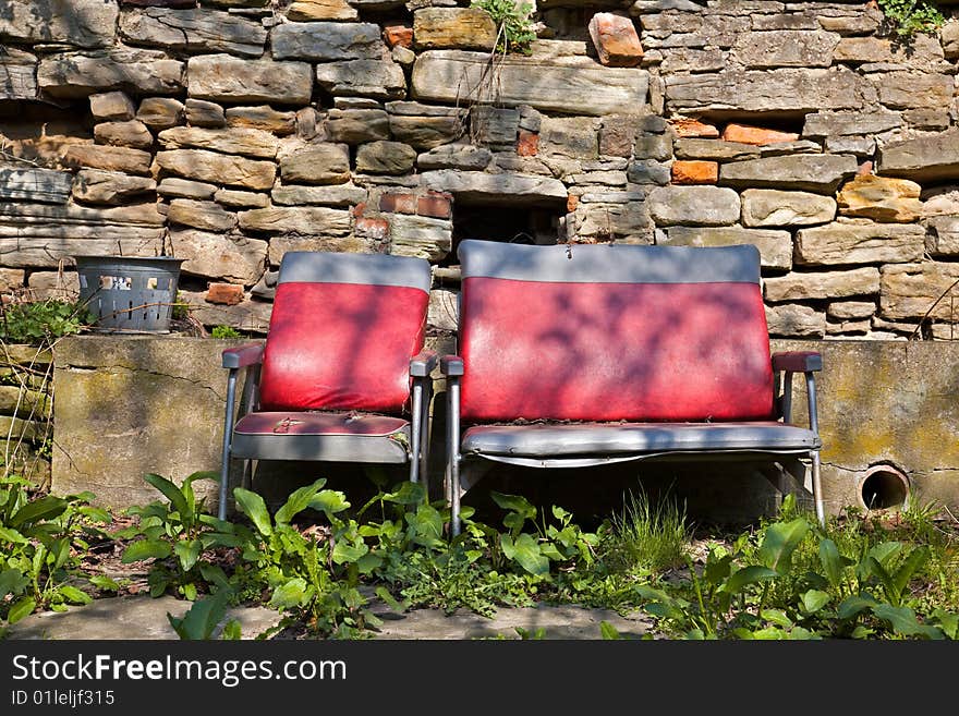 Idyllic seat bench on an old Farmland