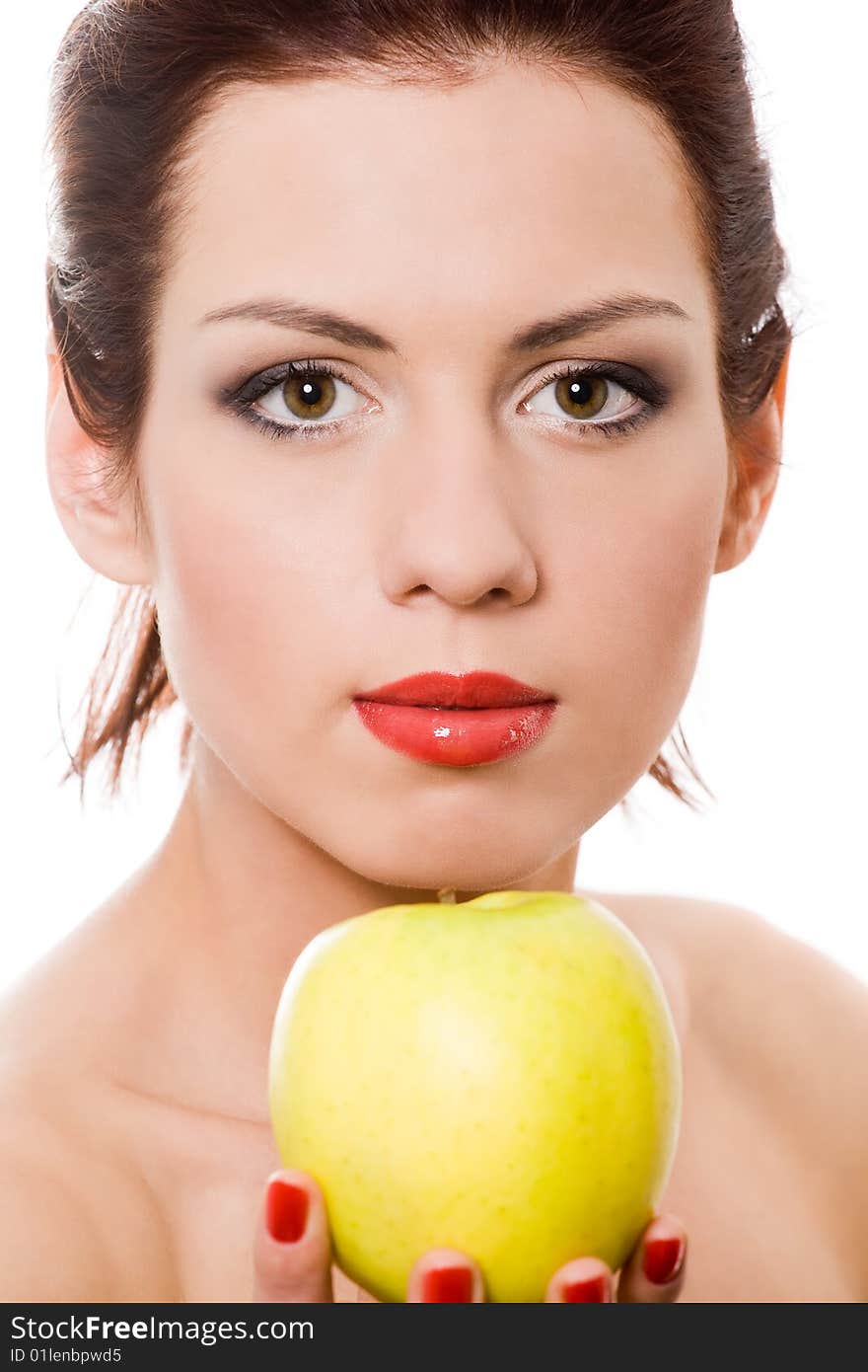 Closeup portrait of girl with apple over white. Closeup portrait of girl with apple over white