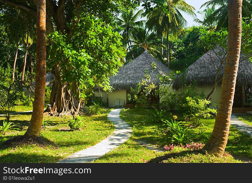 Bungalows and pathway, flowers and trees, vacation background