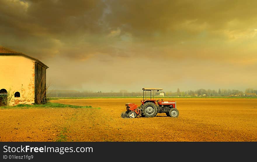 A tractor in the country