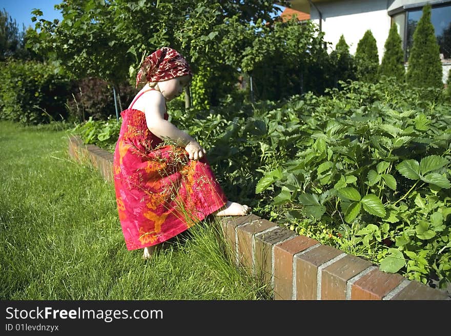 Happy little girl playing in the garden. Happy little girl playing in the garden